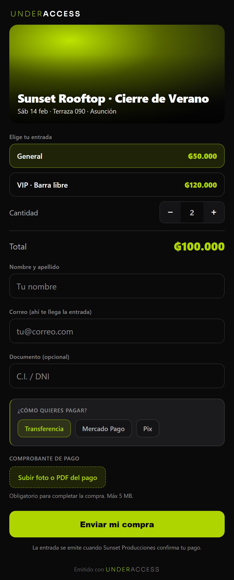 La página de venta que ve tu público: la foto del evento, los tipos de entrada con su precio, cómo pagar y el botón para reservar